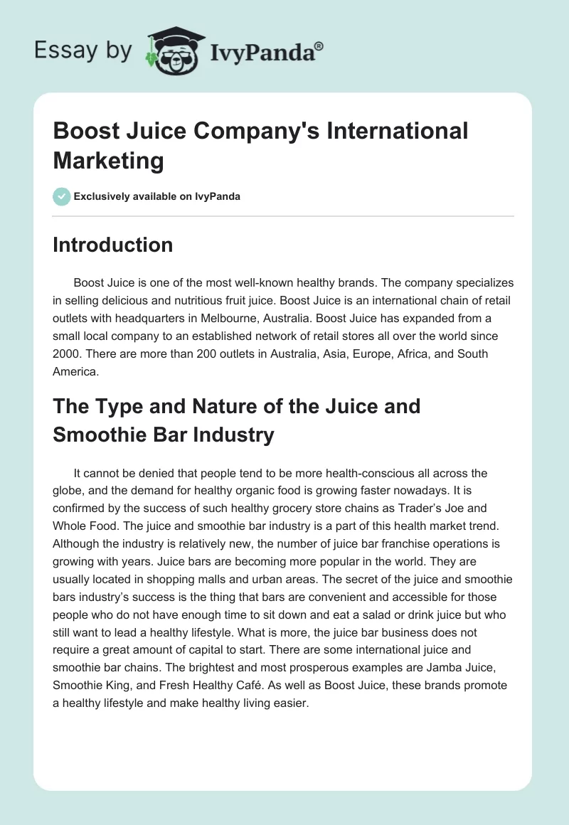Boost Juice Company's International Marketing. Page 1