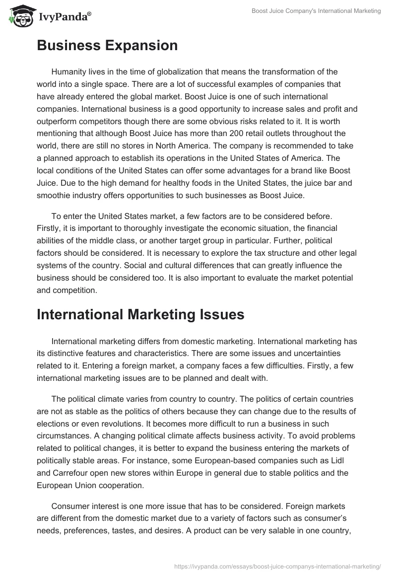 Boost Juice Company's International Marketing. Page 2