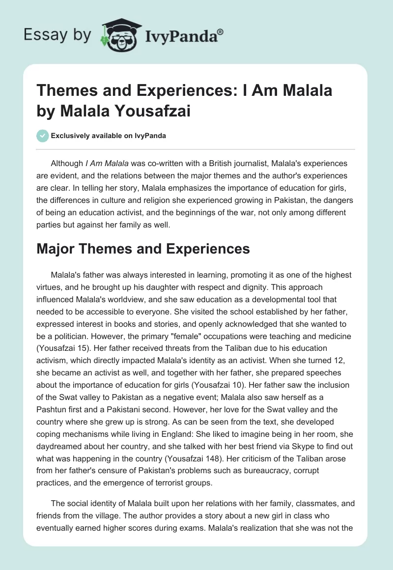 Themes and Experiences: "I Am Malala" by Malala Yousafzai. Page 1