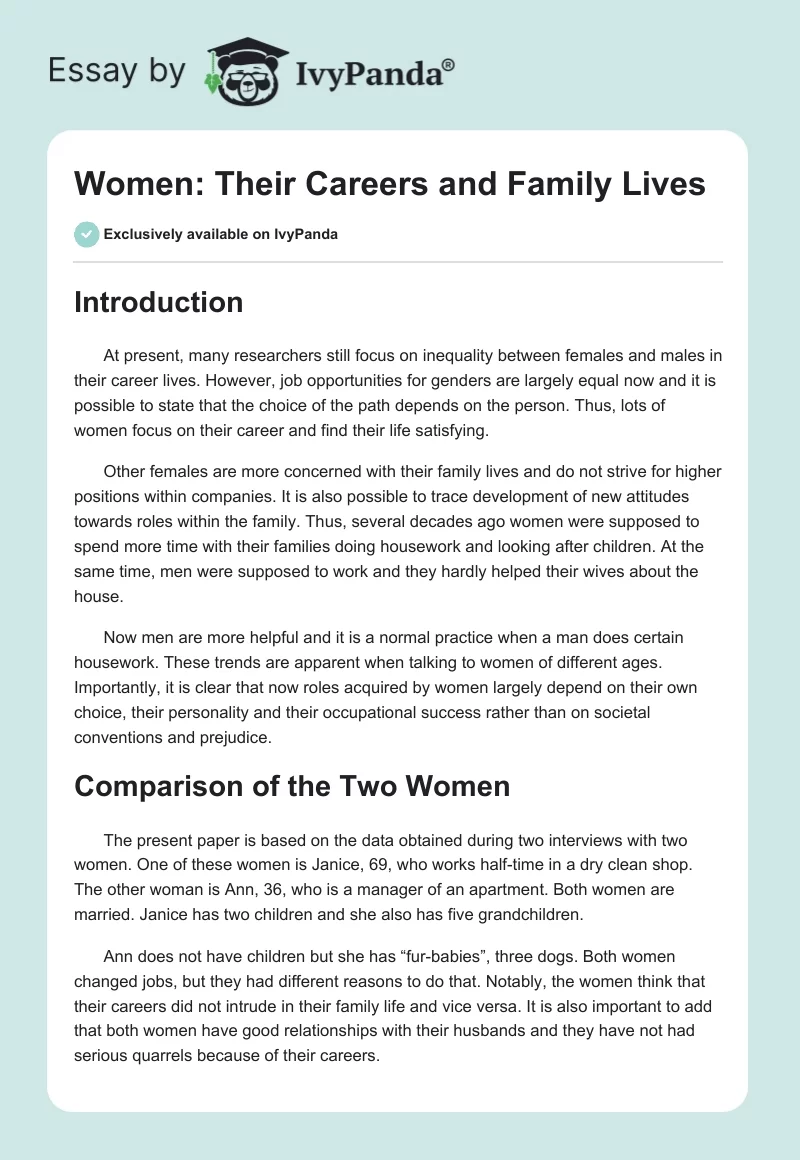 Women: Their Careers and Family Lives. Page 1