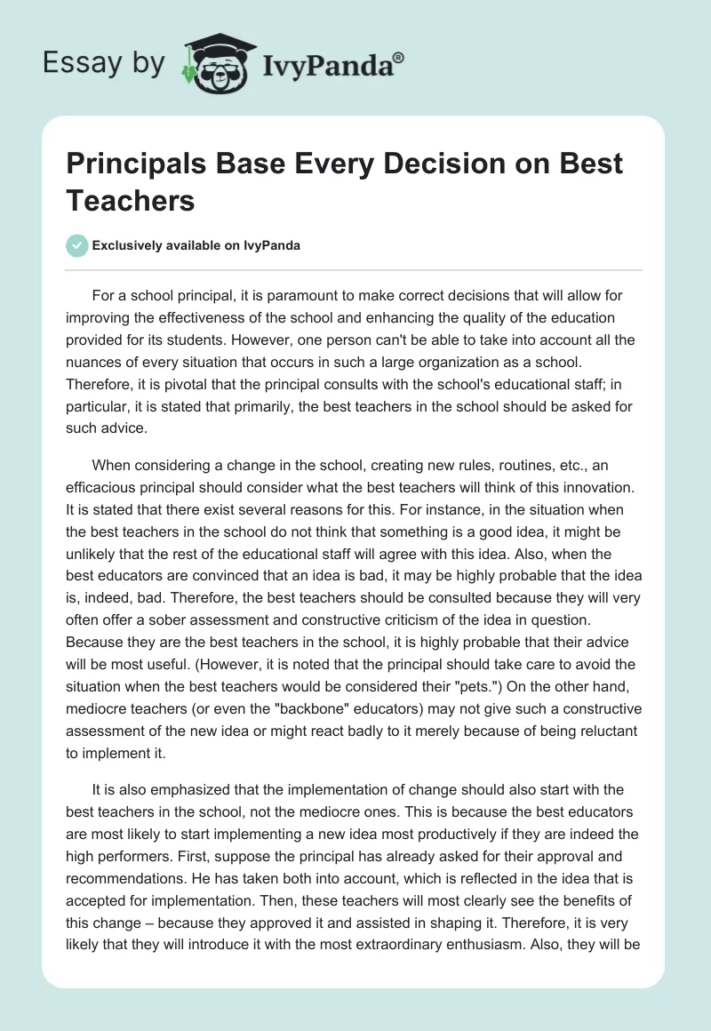 Principals Base Every Decision on Best Teachers. Page 1