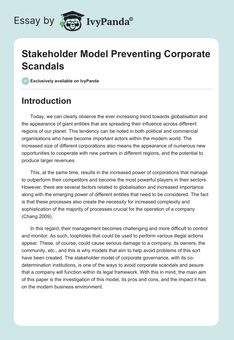 Stakeholder Model Preventing Corporate Scandals. Page 1