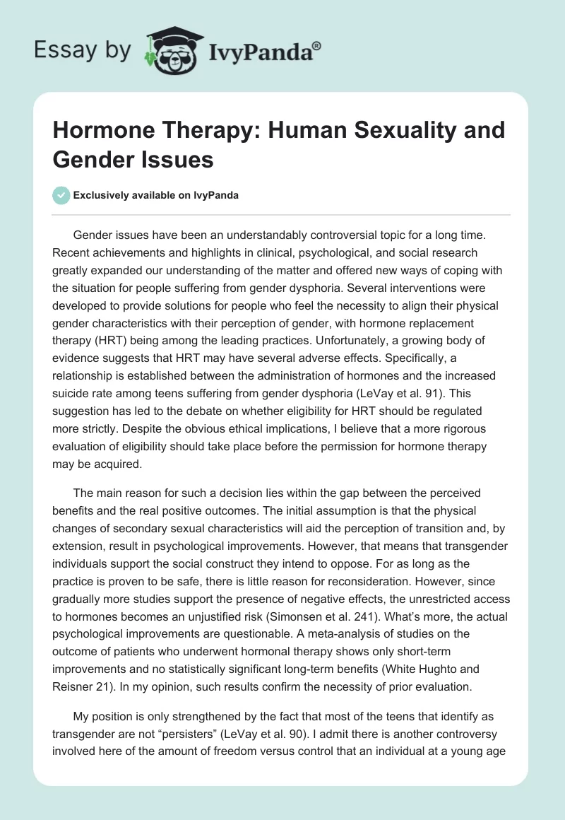Hormone Therapy: Human Sexuality and Gender Issues. Page 1
