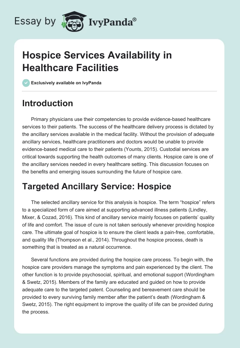 Hospice Services Availability in Healthcare Facilities. Page 1
