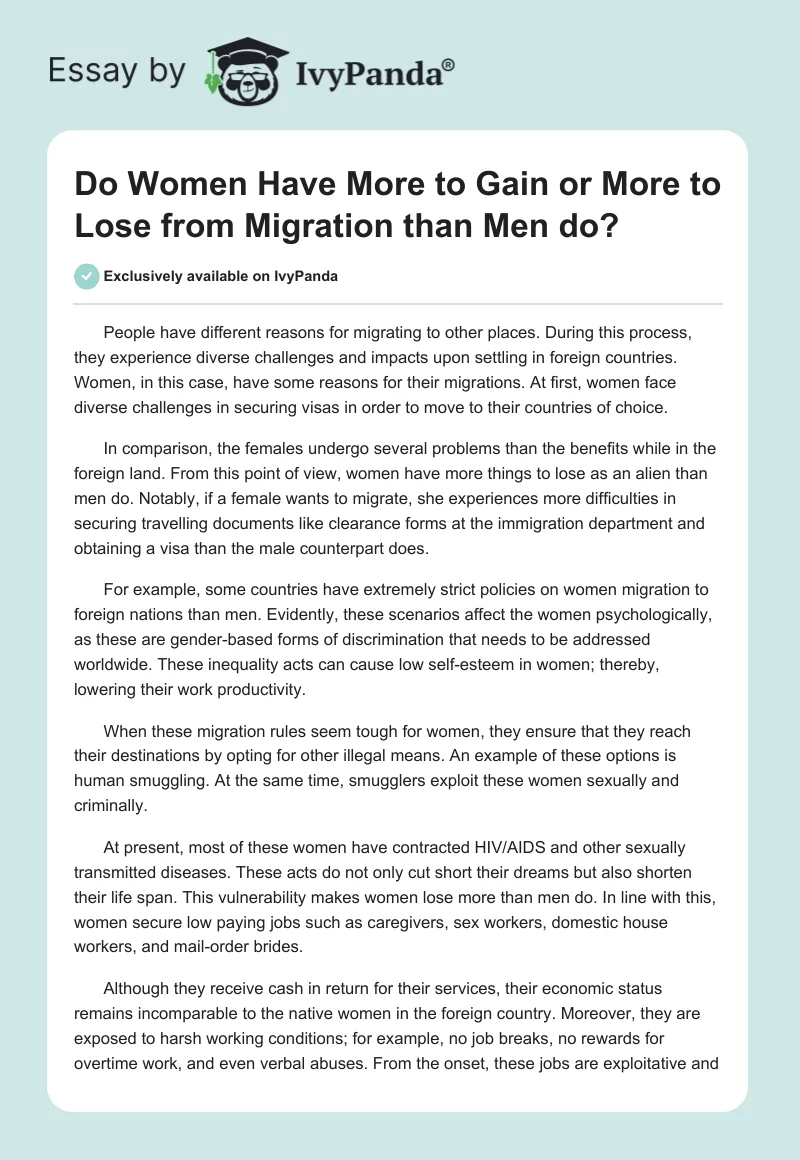 Do Women Have More to Gain or More to Lose from Migration than Men do?. Page 1