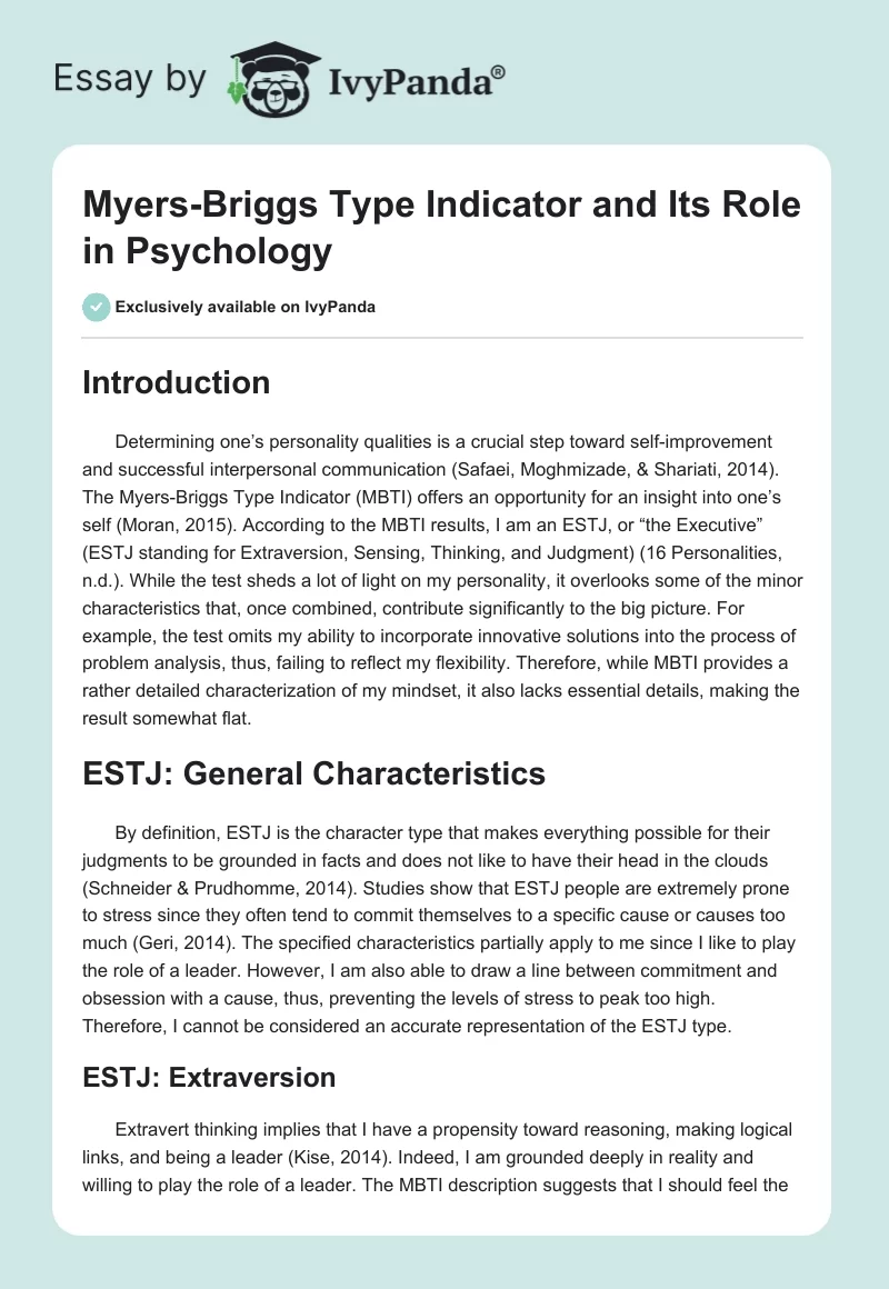 Myers-Briggs Type Indicator and Its Role in Psychology. Page 1