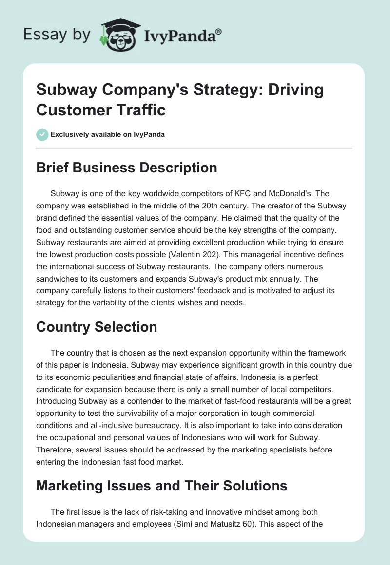 Subway Company's Strategy: Driving Customer Traffic. Page 1