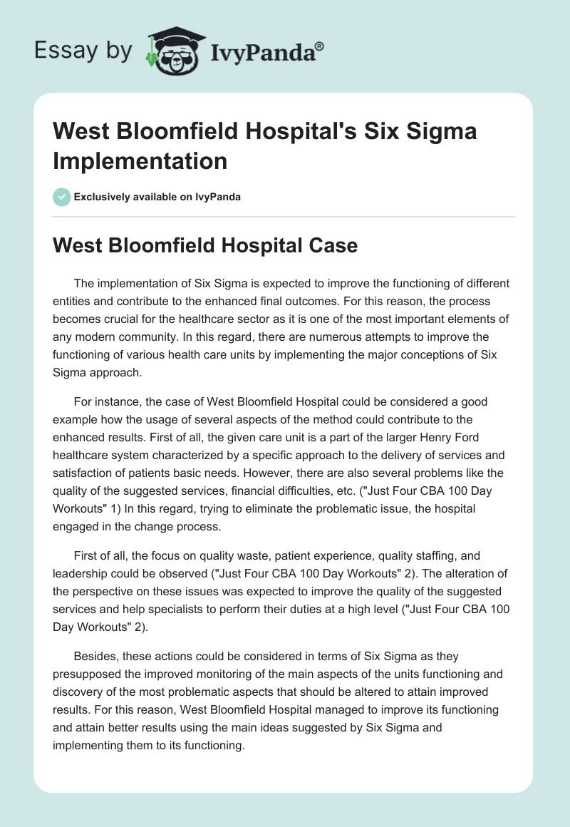 West Bloomfield Hospital's Six Sigma Implementation. Page 1