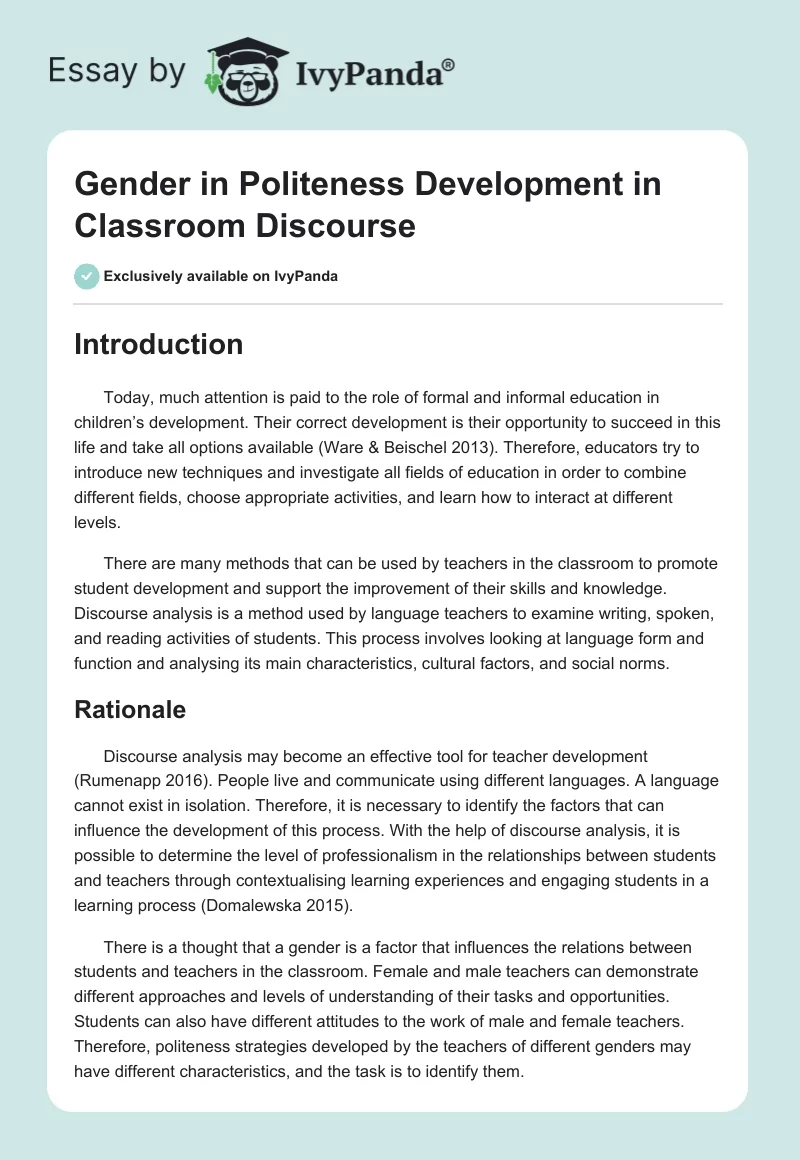 Gender in Politeness Development in Classroom Discourse. Page 1