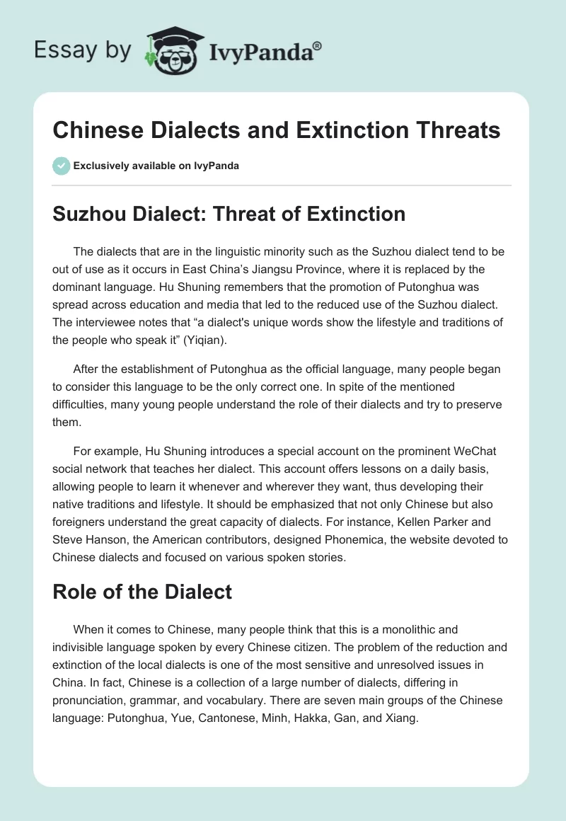 Chinese Dialects and Extinction Threats. Page 1