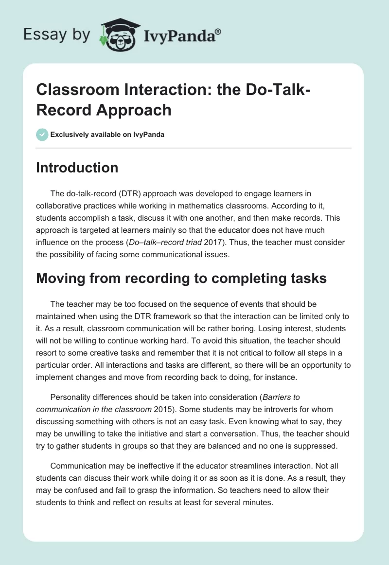 Classroom Interaction: The Do-Talk-Record Approach. Page 1