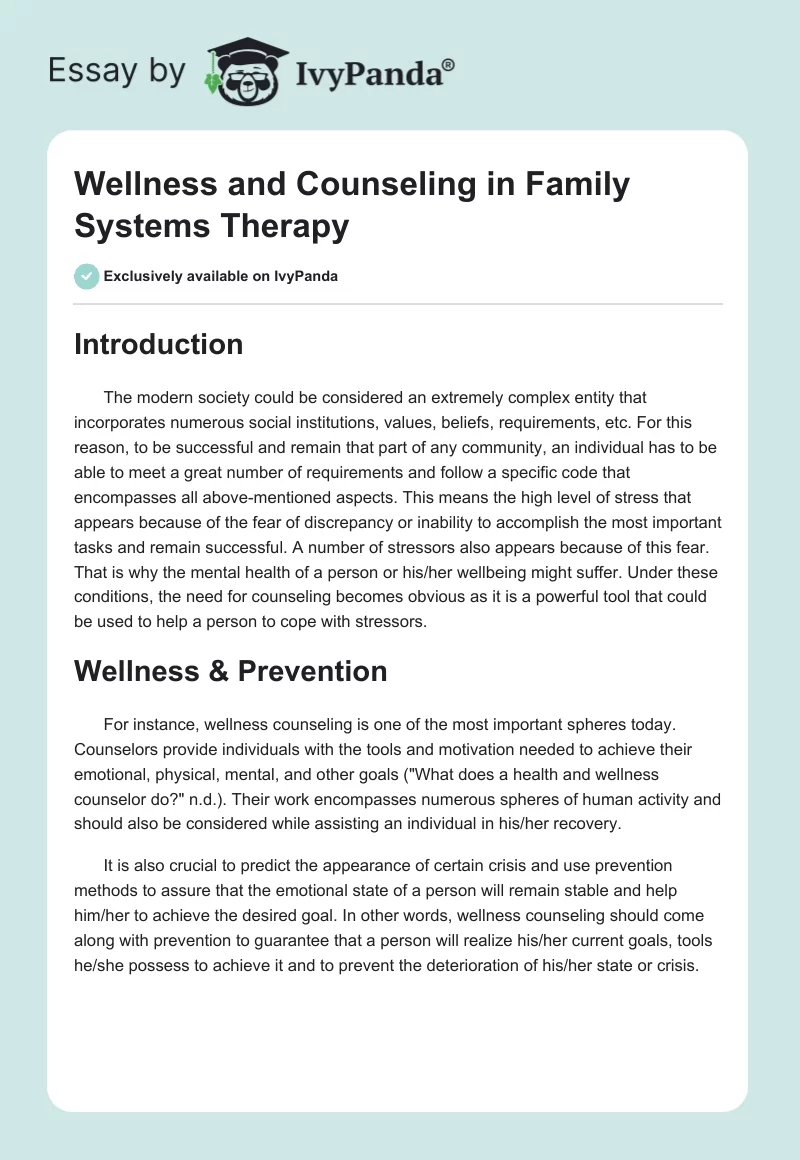 Wellness and Counseling in Family Systems Therapy. Page 1