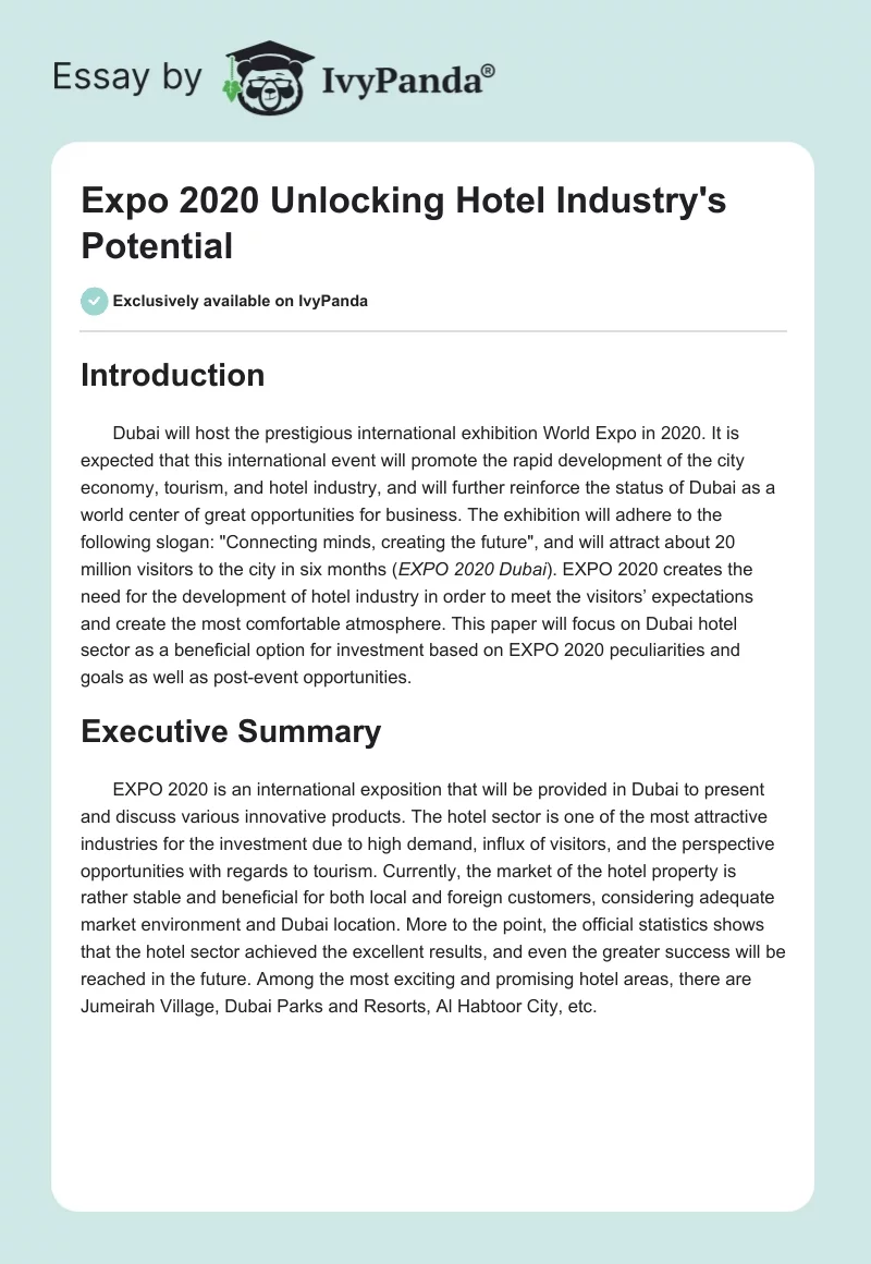 Expo 2020 Unlocking Hotel Industry's Potential. Page 1