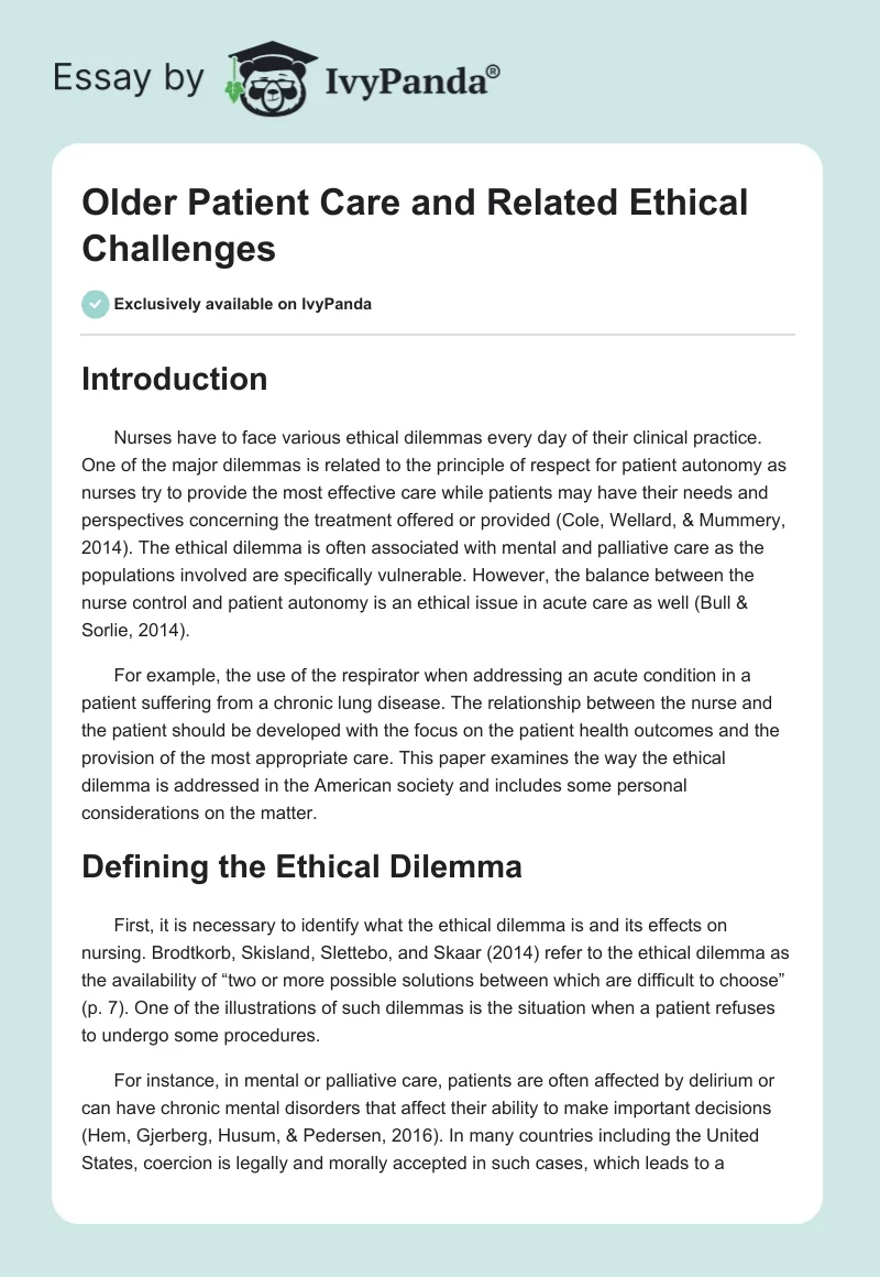 Older Patient Care and Related Ethical Challenges. Page 1