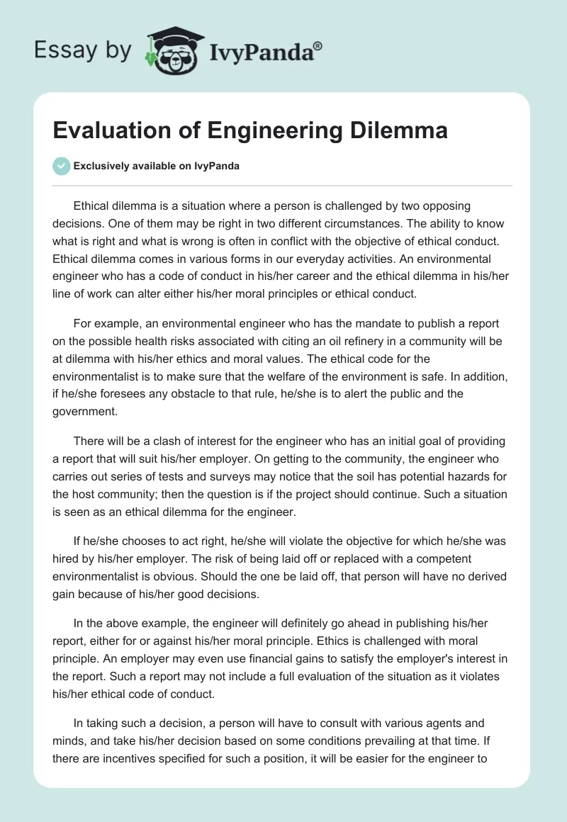 Evaluation of Engineering Dilemma. Page 1