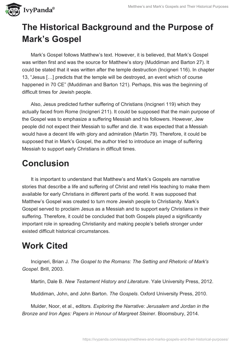Metthew’s and Mark’s Gospels and Their Historical Purposes. Page 2