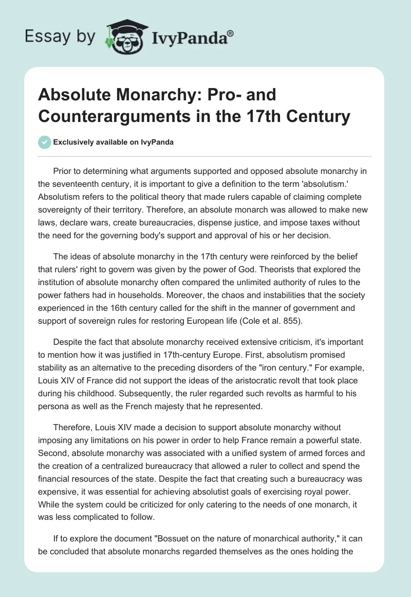 Absolute Monarchy: Pro- and Counterarguments in the 17th Century. Page 1