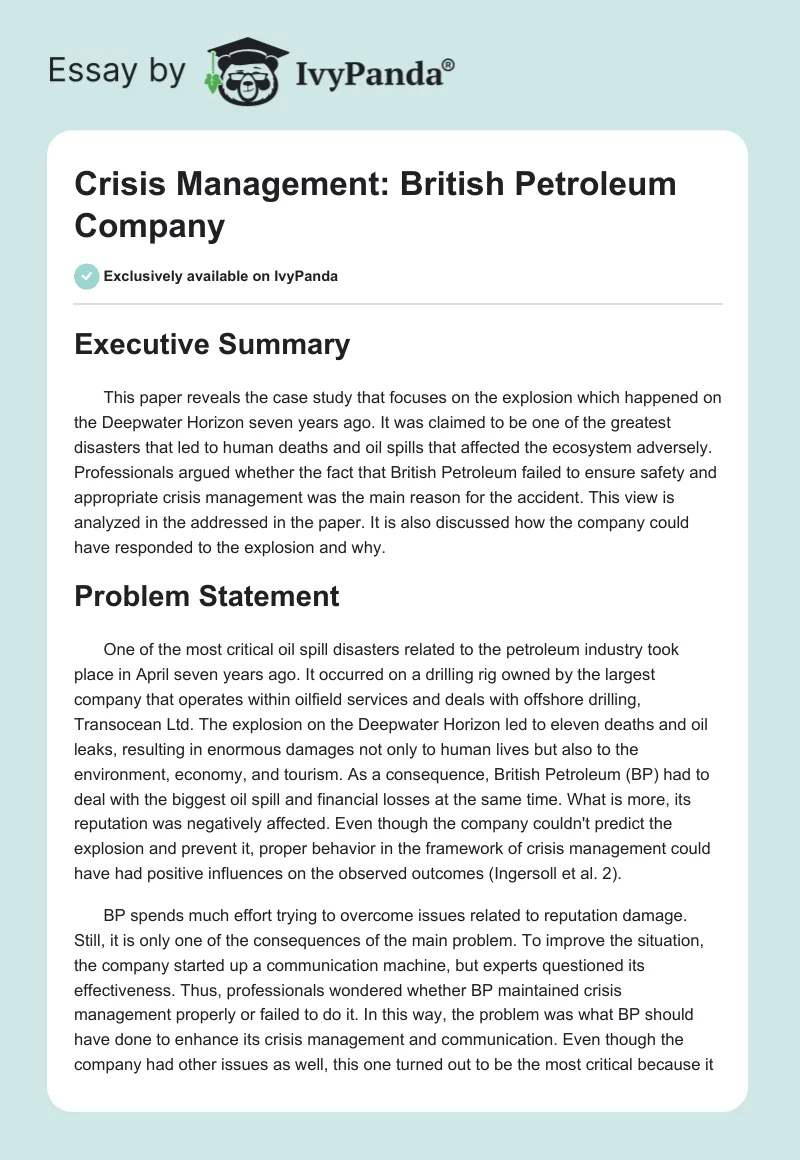 Crisis Management: British Petroleum Company. Page 1