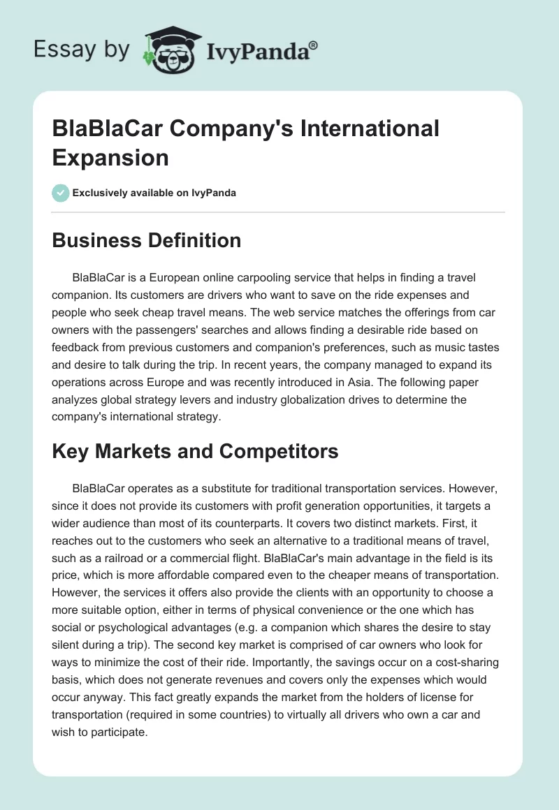 BlaBlaCar Company's International Expansion. Page 1