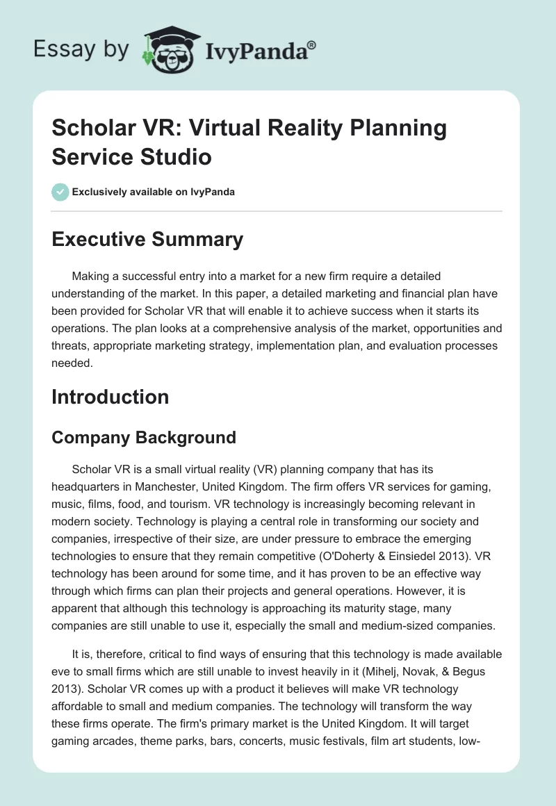 Scholar VR: Virtual Reality Planning Service Studio. Page 1