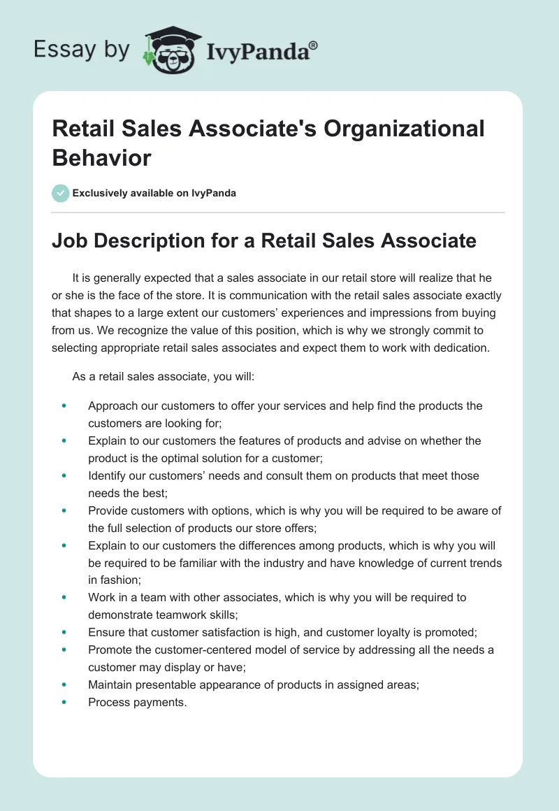Retail Sales Associate's Organizational Behavior. Page 1