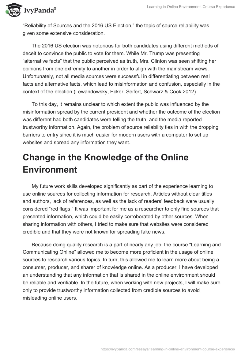 Learning in Online Environment: Course Experience. Page 2