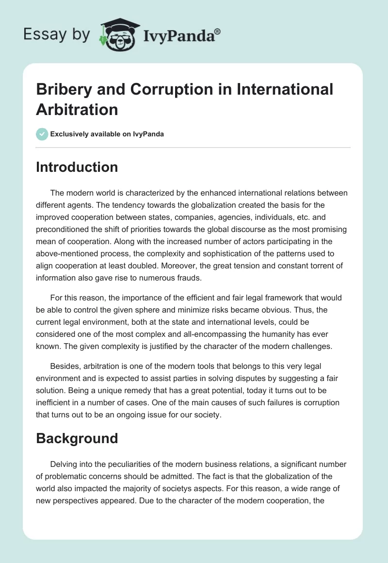 Bribery and Corruption in International Arbitration. Page 1