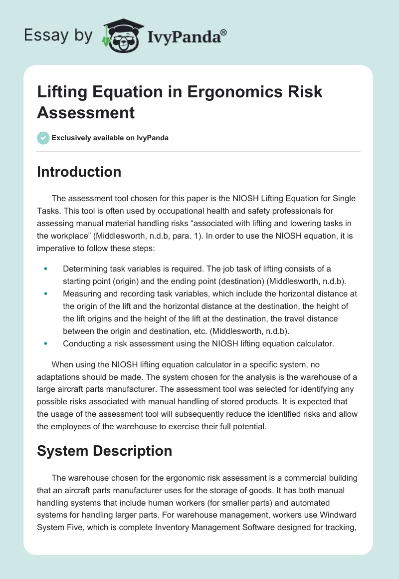 Lifting Equation in Ergonomics Risk Assessment. Page 1
