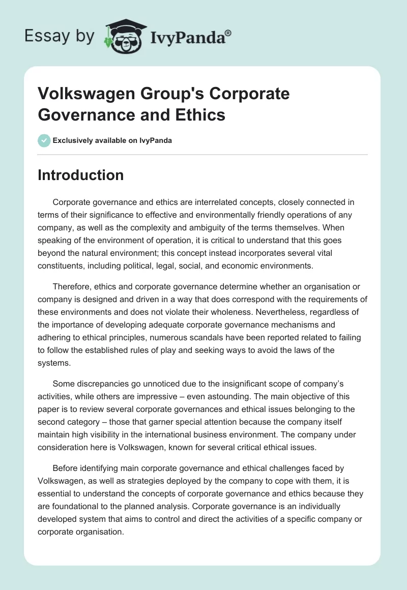 Volkswagen Group's Corporate Governance and Ethics. Page 1