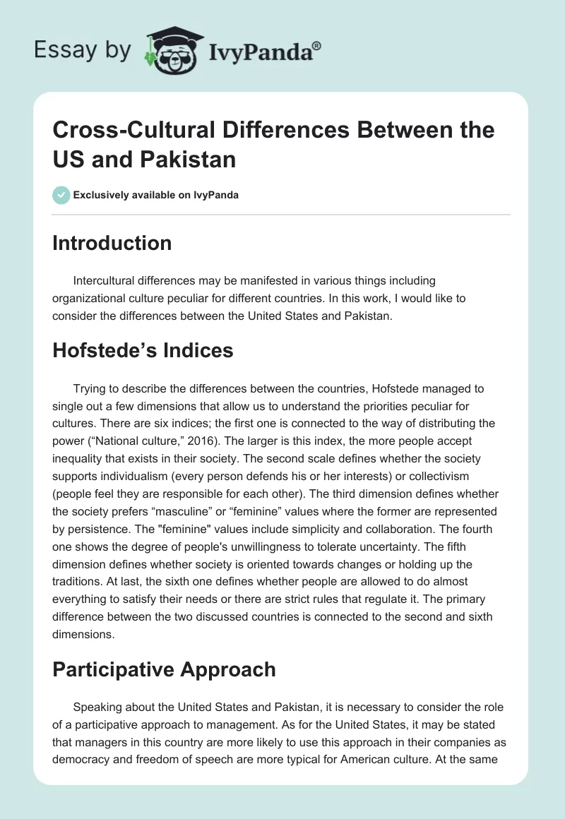 Cross-Cultural Differences Between the US and Pakistan. Page 1