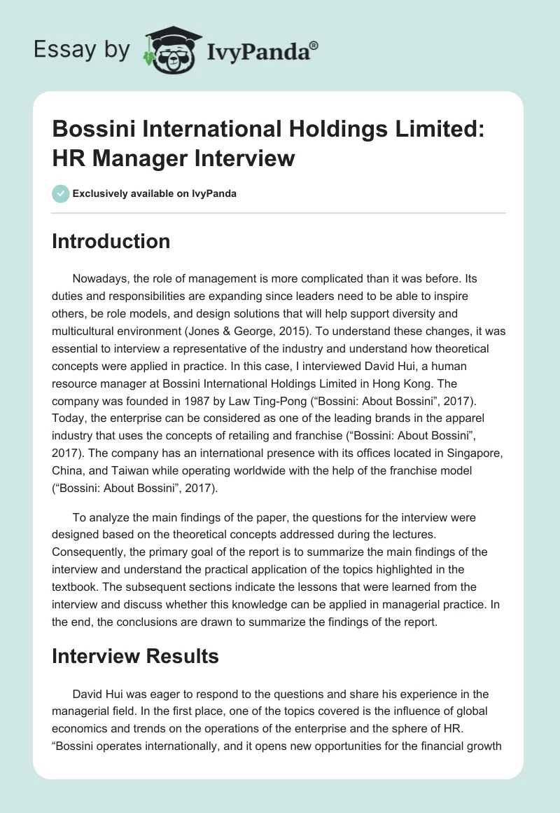 Bossini International Holdings Limited: HR Manager Interview. Page 1