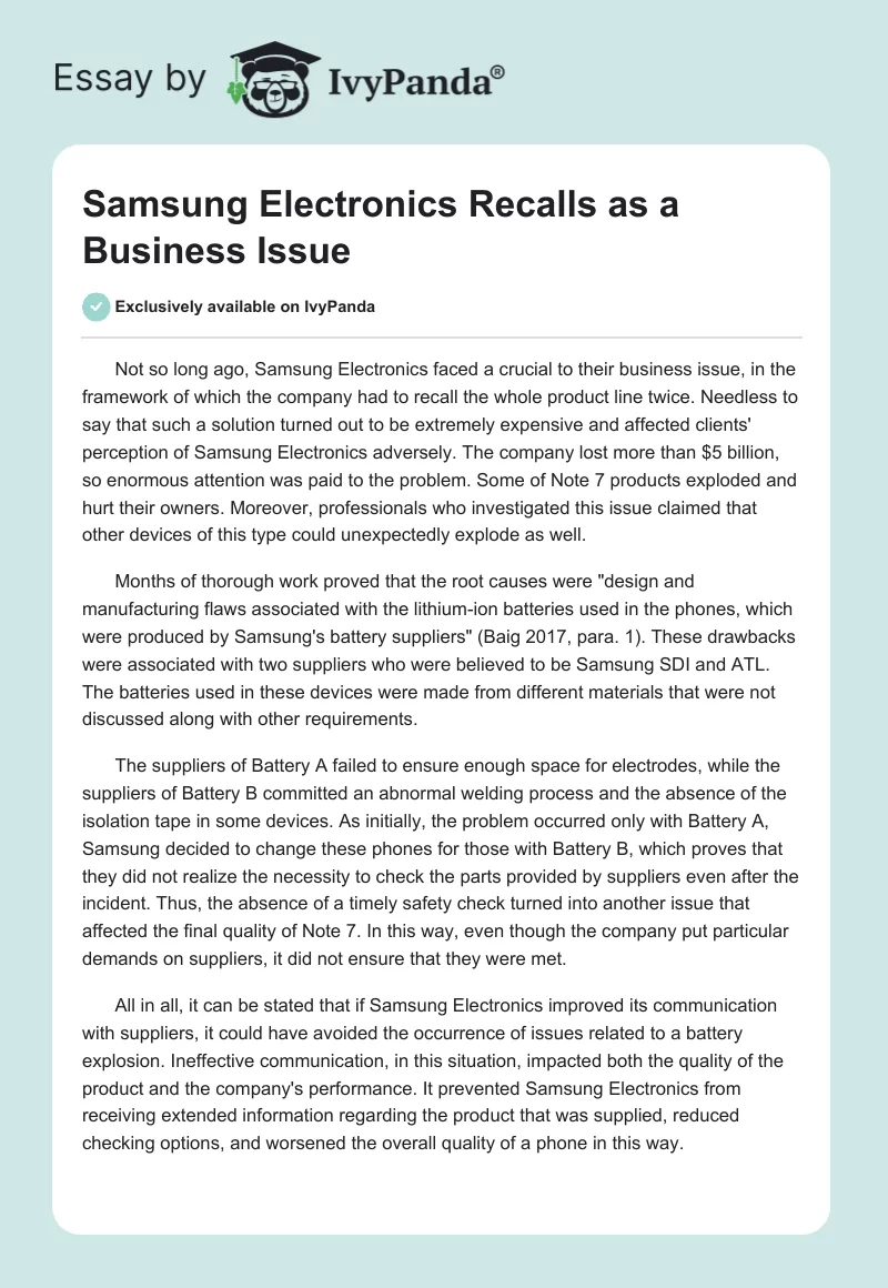 Samsung Electronics Recalls as a Business Issue. Page 1