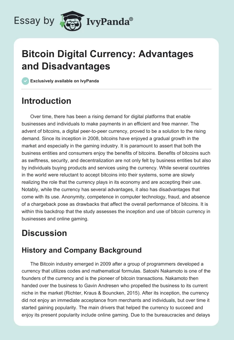 Bitcoin Digital Currency: Advantages and Disadvantages. Page 1