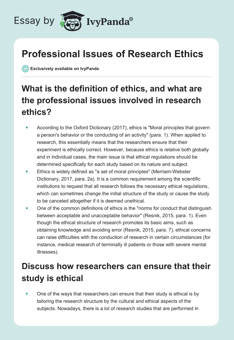 Professional Issues of Research Ethics. Page 1