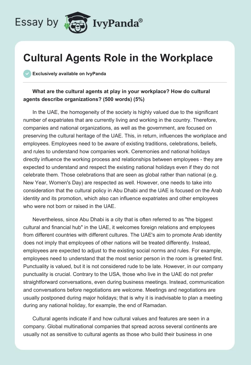 Cultural Agents Role in the Workplace. Page 1