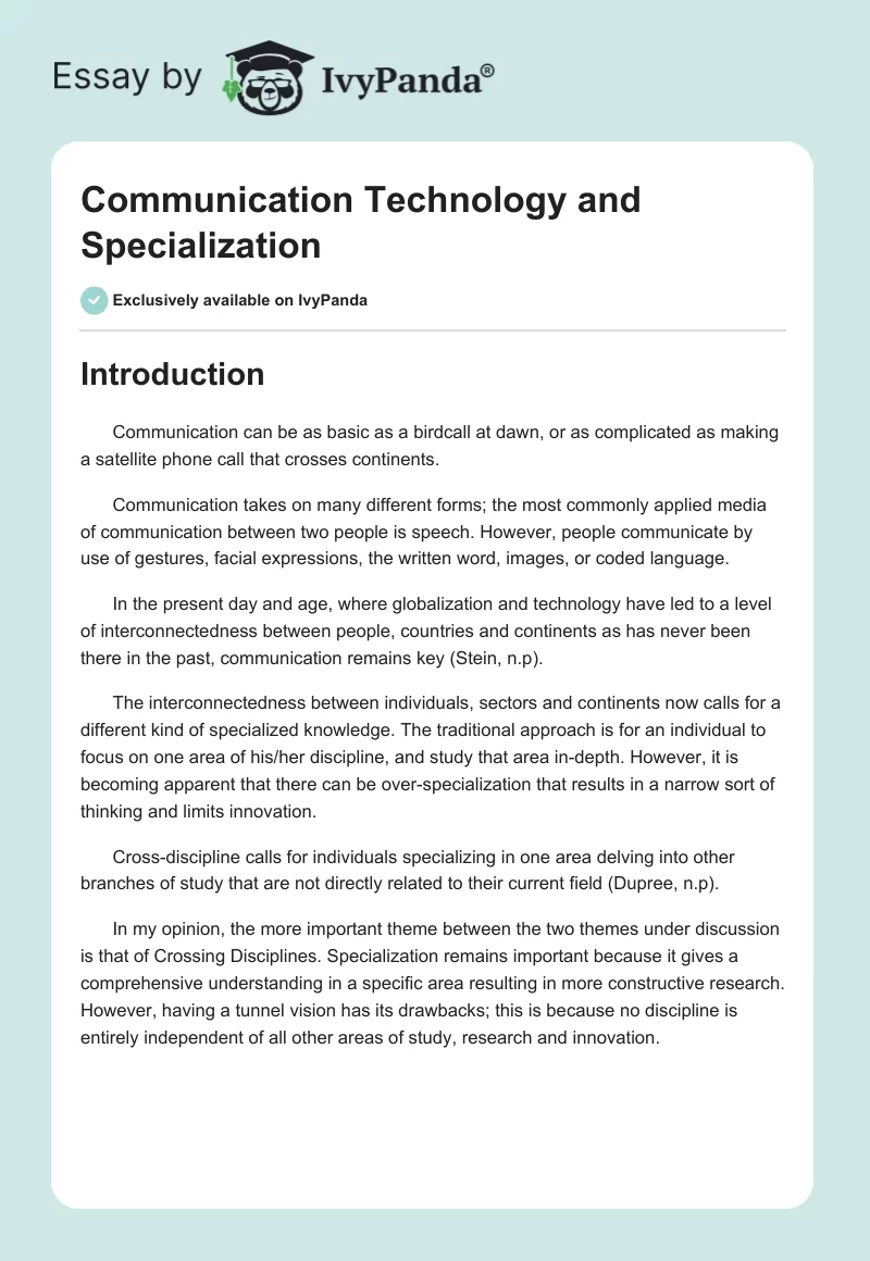 Communication Technology and Specialization. Page 1