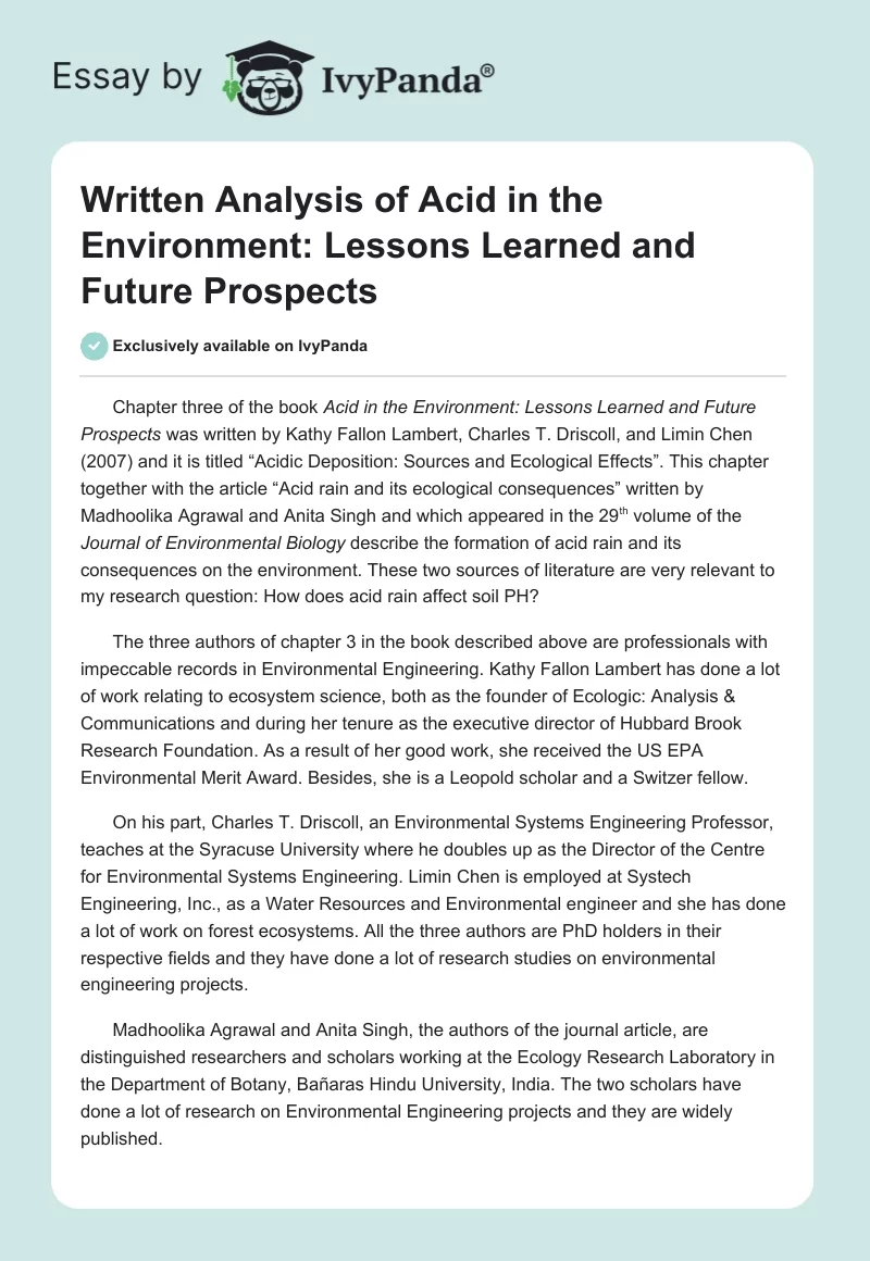 Written Analysis of Acid in the Environment: Lessons Learned and Future Prospects. Page 1