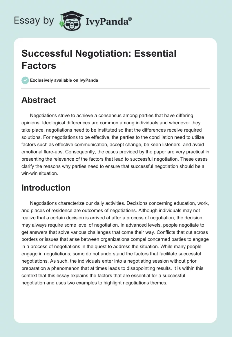 Successful Negotiation: Essential Factors. Page 1