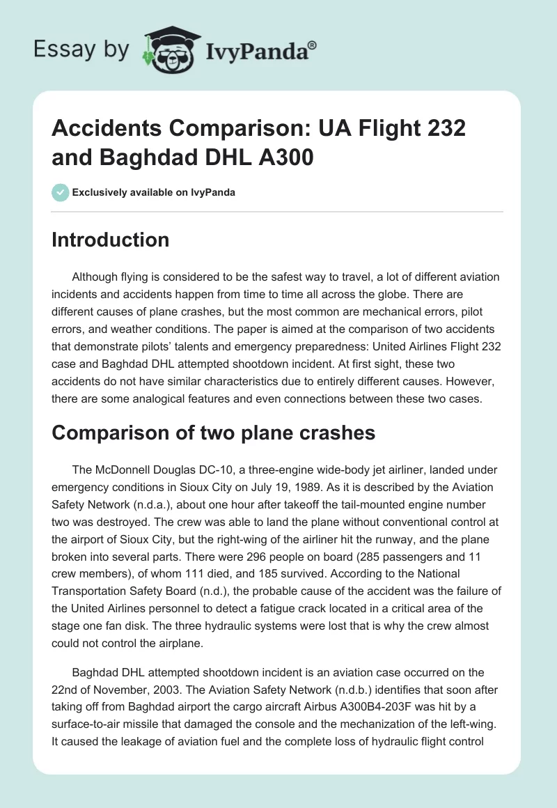 Accidents Comparison: UA Flight 232 and Baghdad DHL A300. Page 1