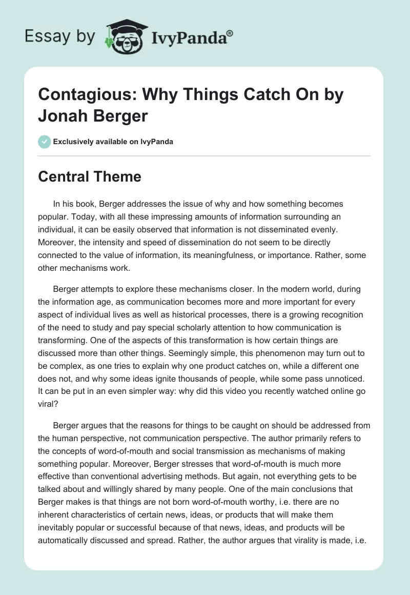"Contagious: Why Things Catch On" by Jonah Berger. Page 1