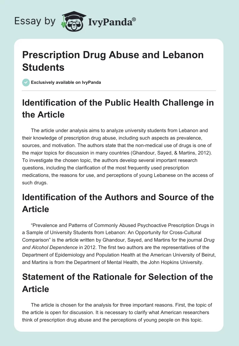 Prescription Drug Abuse and Lebanon Students. Page 1