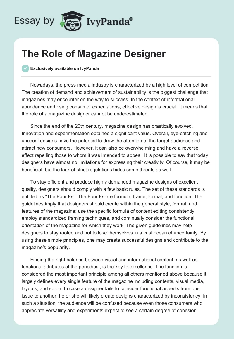 The Role of Magazine Designer. Page 1