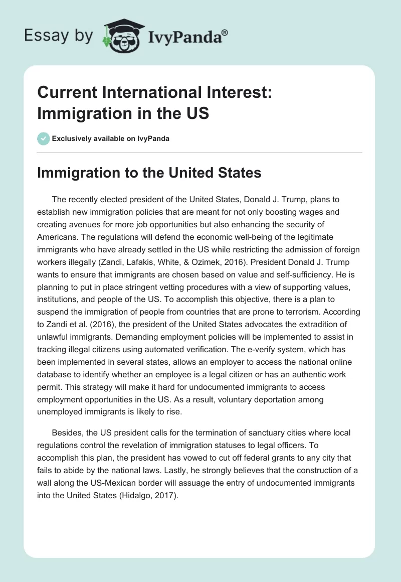 Current International Interest: Immigration in the US. Page 1