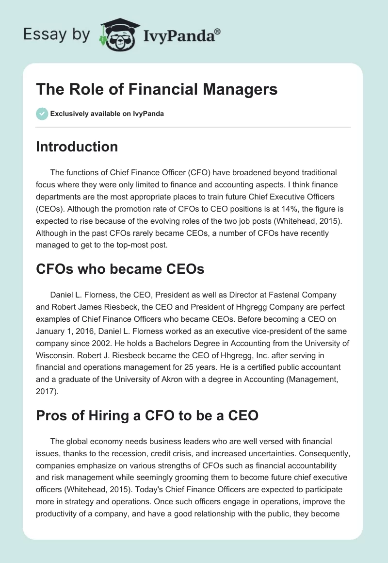 The Role of Financial Managers. Page 1
