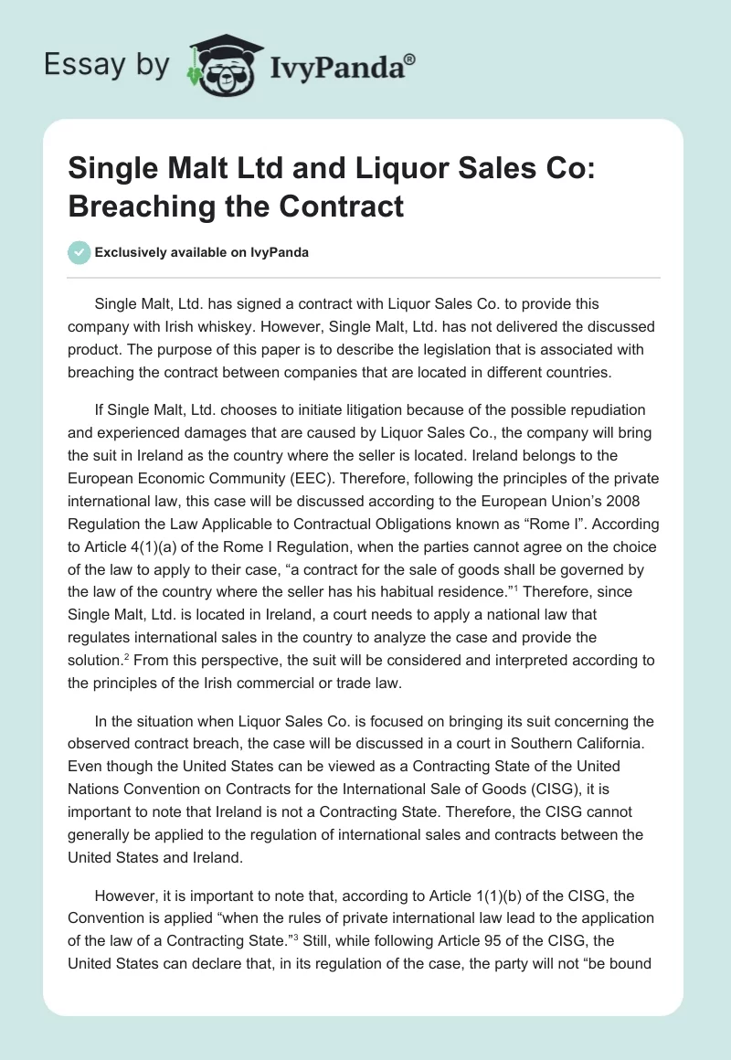 Single Malt Ltd and Liquor Sales Co: Breaching the Contract. Page 1