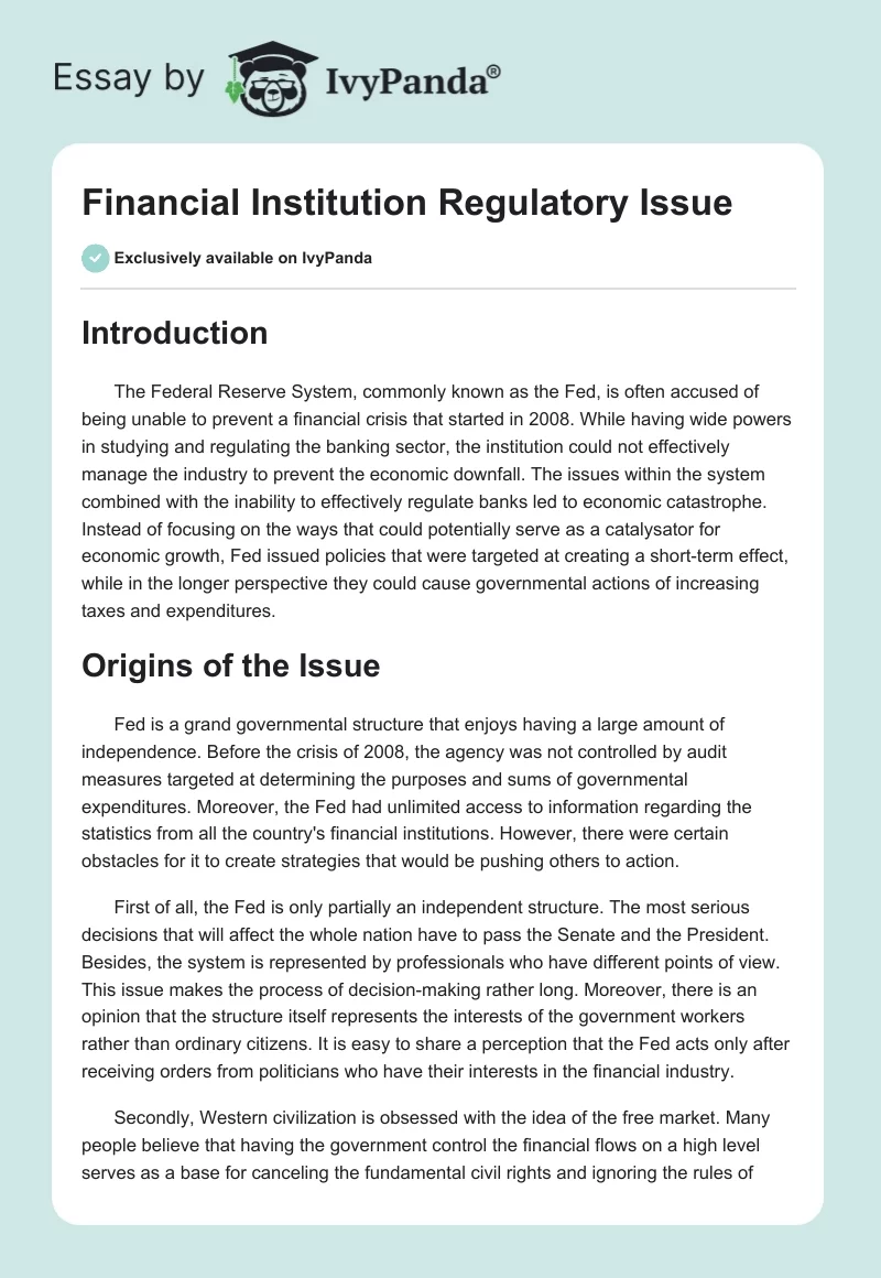 Financial Institution Regulatory Issue. Page 1