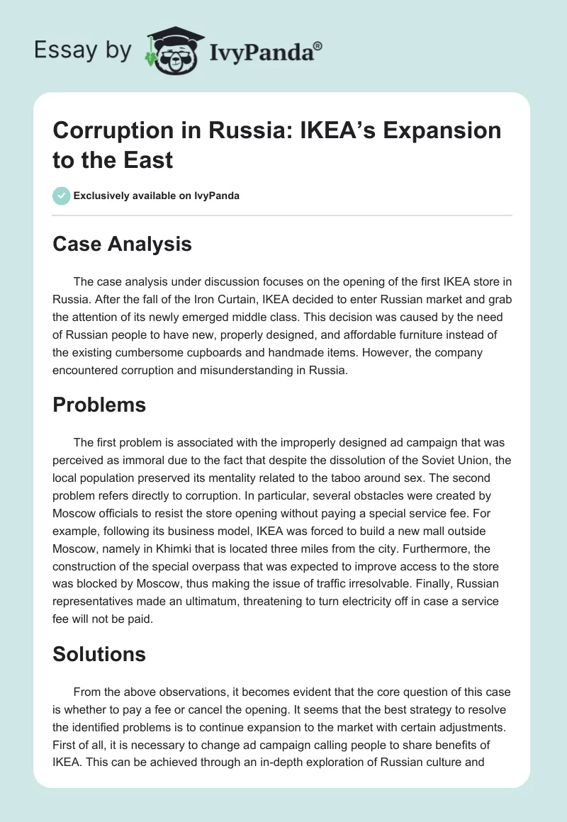 Corruption in Russia: IKEA’s Expansion to the East. Page 1
