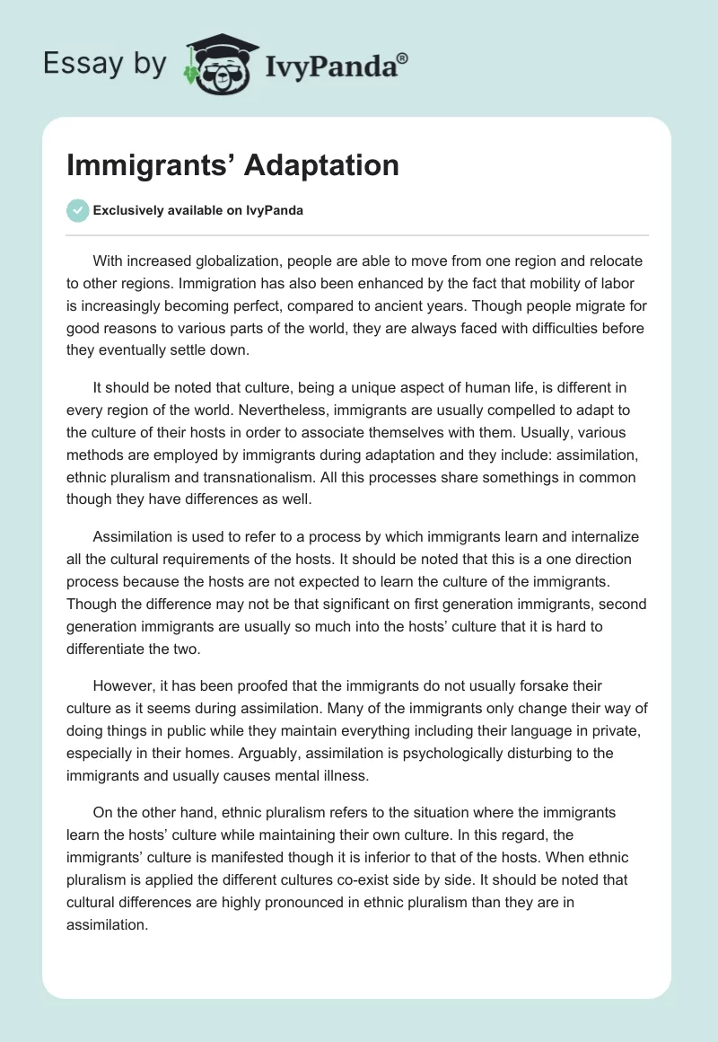 Immigrants’ Adaptation. Page 1