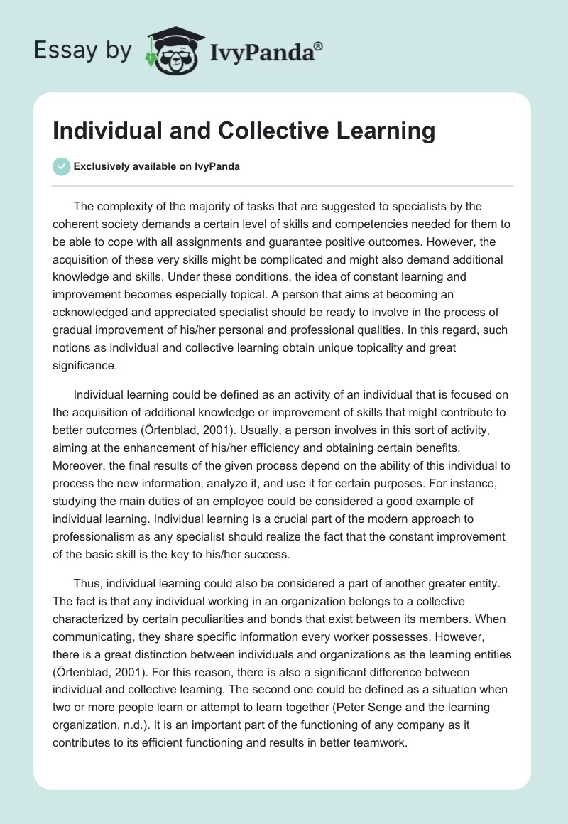 Individual and Collective Learning. Page 1