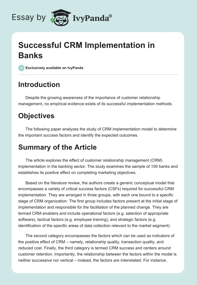 Successful CRM Implementation in Banks. Page 1